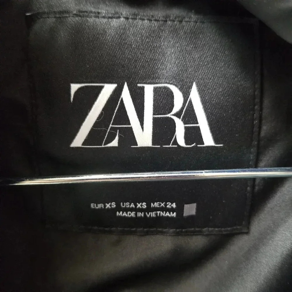 Zara Long Black Puffer Coat Faux Fur Trim Hood XS - Picture 9 of 16
